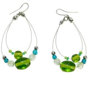 Fashion Silver Blue Green Clear Beaded Dangle Earrings
